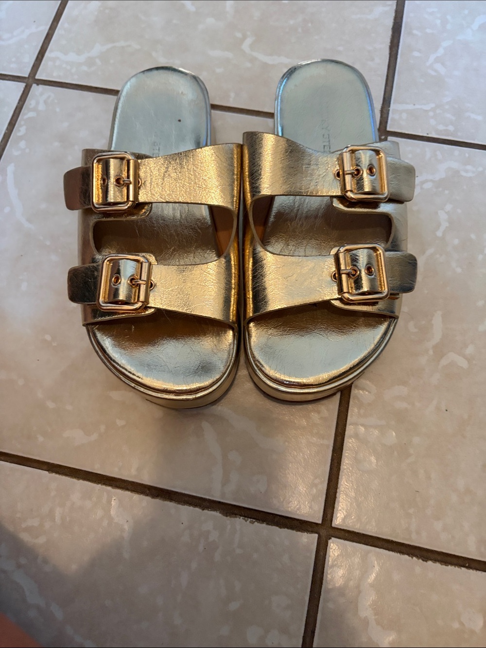 Women’s  Metallic Gold Double-Buckle Slide Sandals